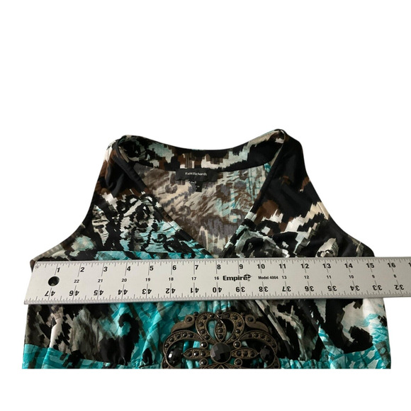 R&M Richards Size 8 Maxi Dress Teal Brown Abstract Print V Neck Belted - Picture 4 of 13